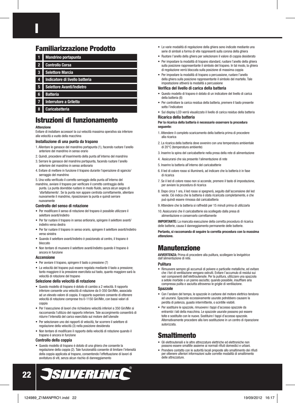 Istruzioni di funzionamento, Manutenzione, Smaltimento | Familiarizzazione prodotto | Silverline Combi Hammer Drill 18V User Manual | Page 23 / 28