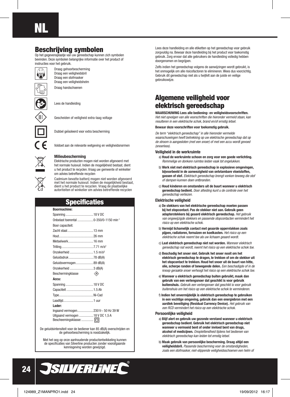 Specificaties, Algemene veiligheid voor elektrisch gereedschap, Beschrijving symbolen | Silverline Combi Hammer Drill 18V User Manual | Page 25 / 28