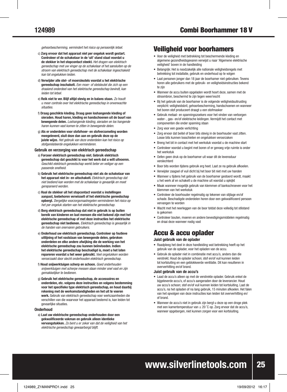 Veiligheid voor boorhamers, Accu & accu oplader | Silverline Combi Hammer Drill 18V User Manual | Page 26 / 28