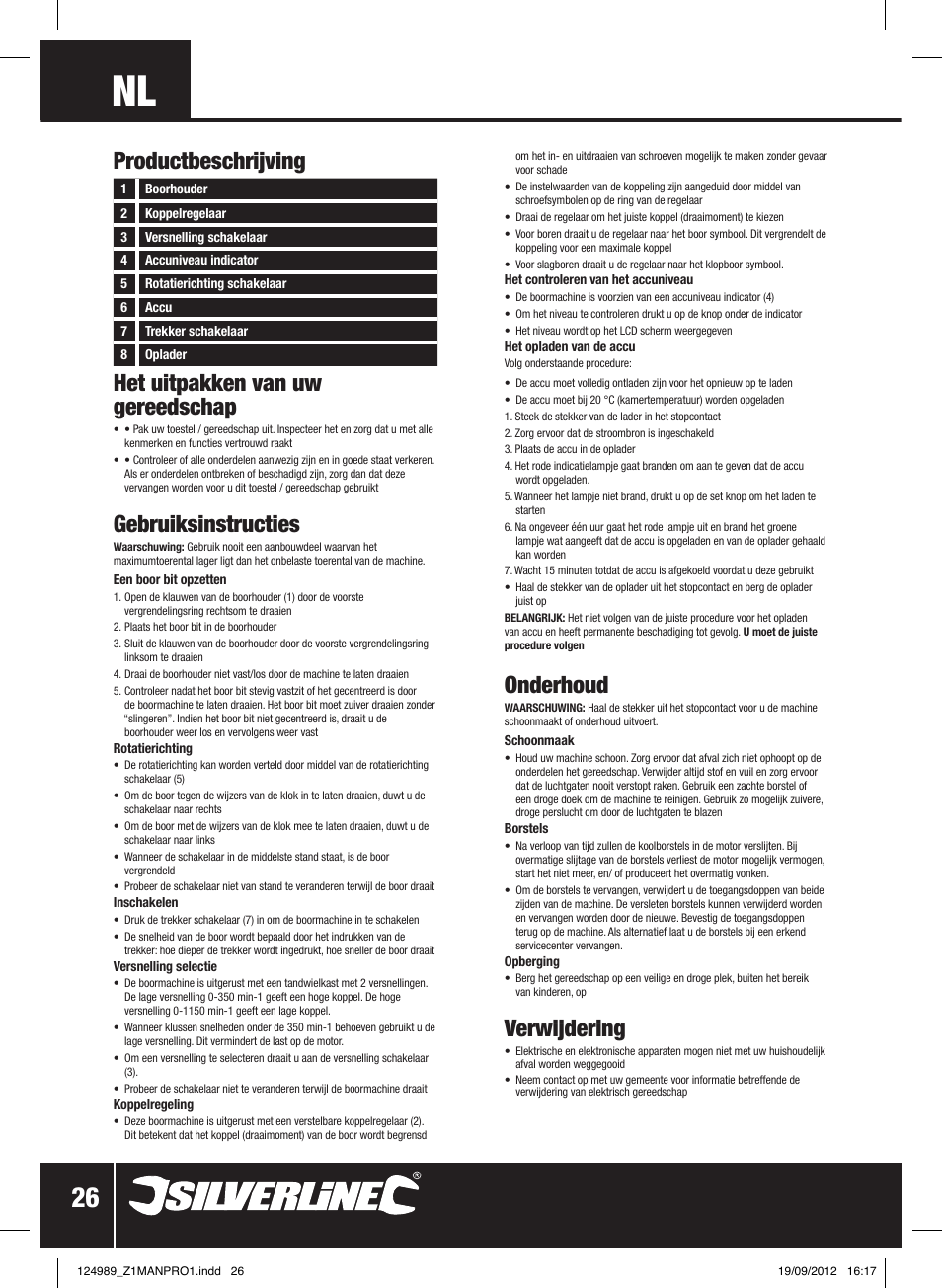 Het uitpakken van uw gereedschap, Gebruiksinstructies, Onderhoud | Verwijdering, Productbeschrijving | Silverline Combi Hammer Drill 18V User Manual | Page 27 / 28