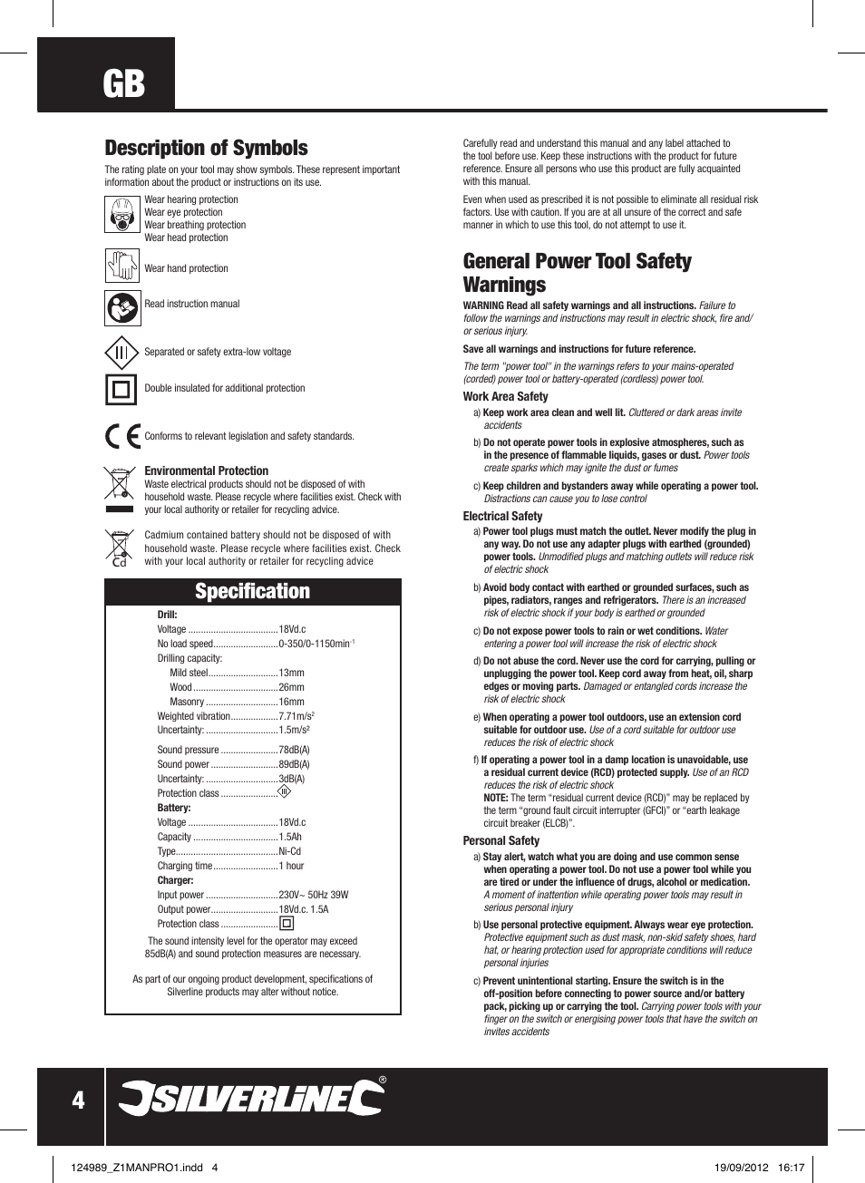 General power tool safety warnings, Specification, Description of symbols | Silverline Combi Hammer Drill 18V User Manual | Page 5 / 28
