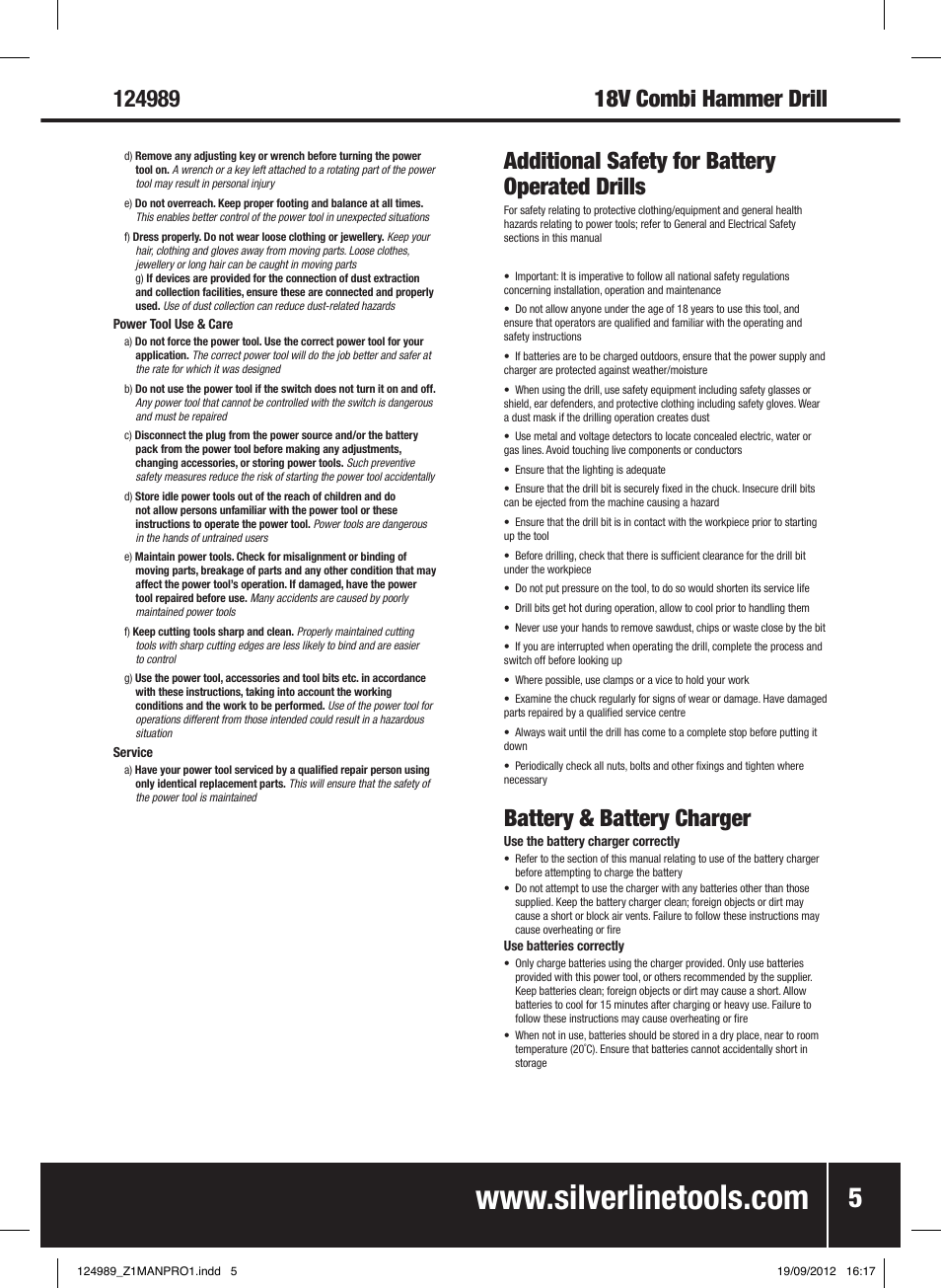 Additional safety for battery operated drills, Battery & battery charger | Silverline Combi Hammer Drill 18V User Manual | Page 6 / 28