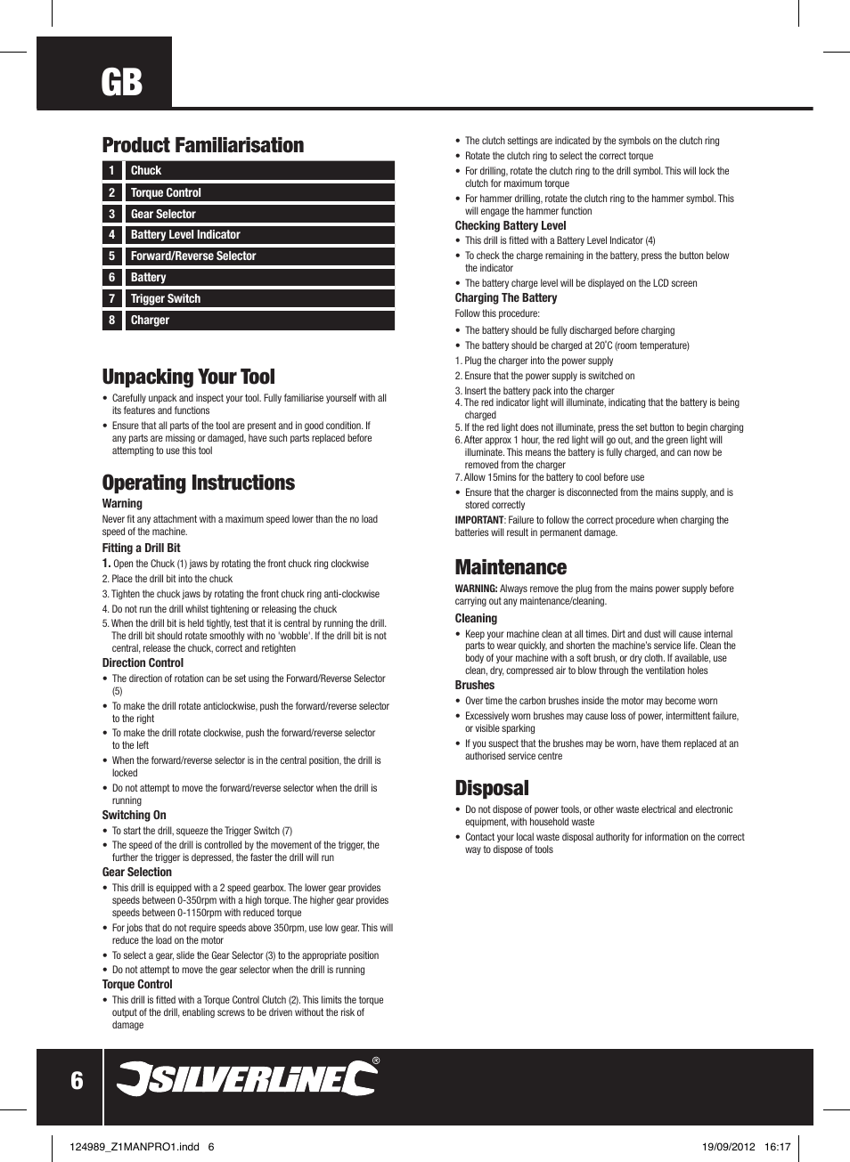 Unpacking your tool, Operating instructions, Maintenance | Disposal, Product familiarisation | Silverline Combi Hammer Drill 18V User Manual | Page 7 / 28