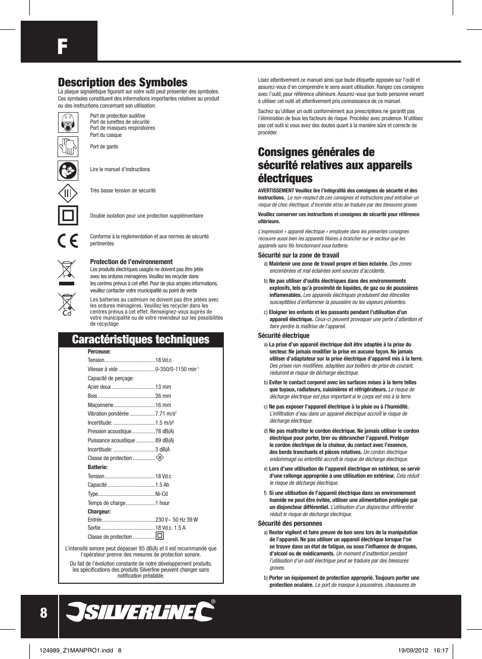 Caractéristiques techniques, Description des symboles | Silverline Combi Hammer Drill 18V User Manual | Page 9 / 28