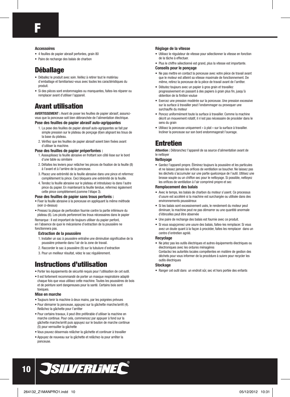 Déballage, Avant utilisation, Instructions d’utilisation | Entretien | Silverline 1/2 Sheet Sander User Manual | Page 11 / 28