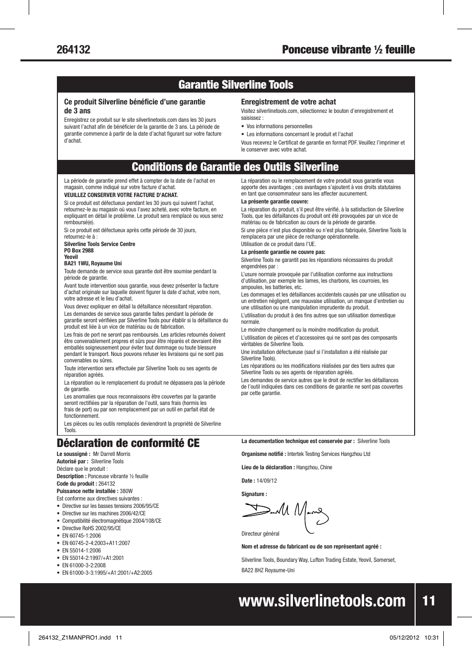 Feuille déclaration de conformité ce | Silverline 1/2 Sheet Sander User Manual | Page 12 / 28
