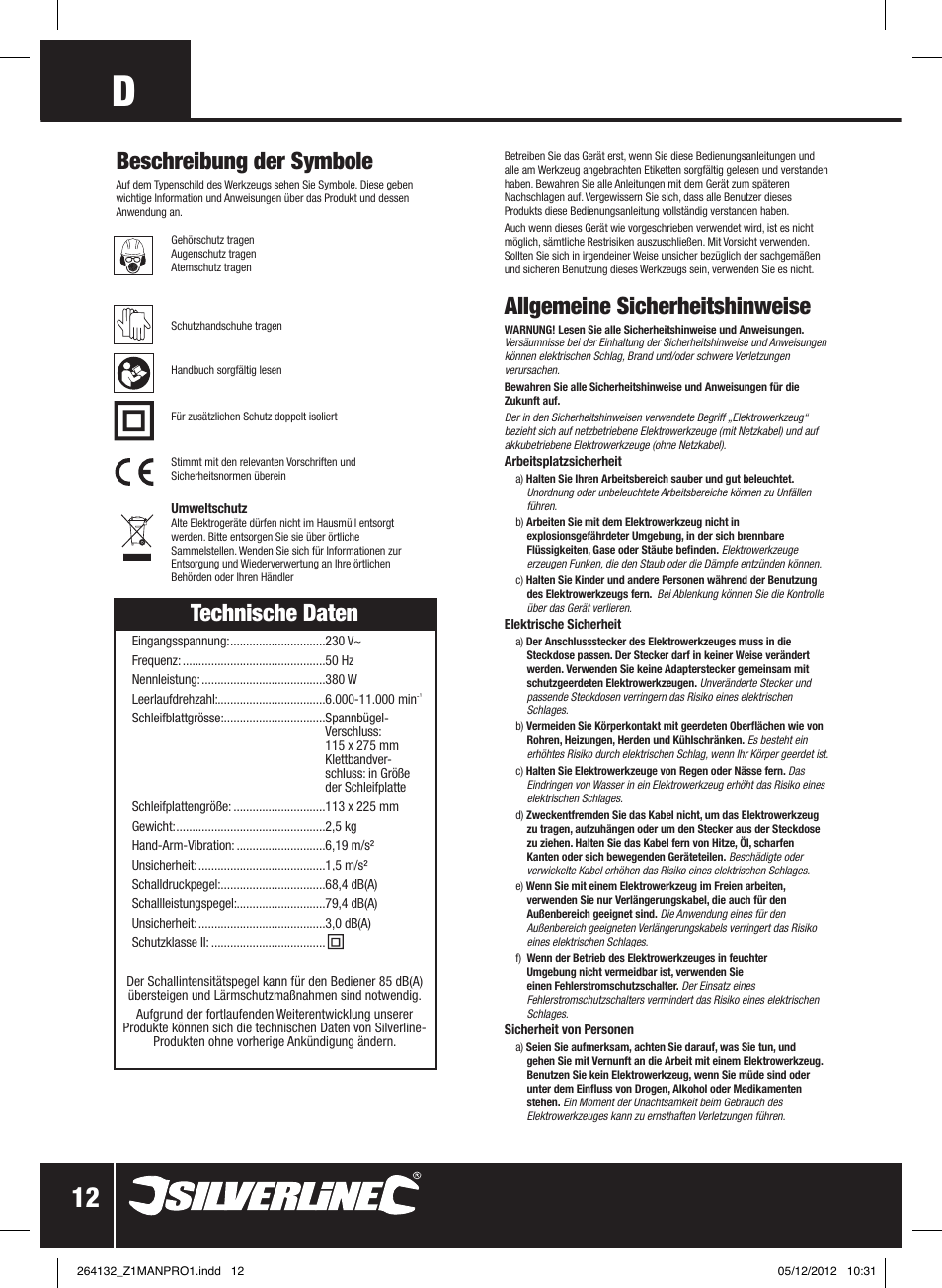 Allgemeine sicherheitshinweise, Beschreibung der symbole, Technische daten | Silverline 1/2 Sheet Sander User Manual | Page 13 / 28