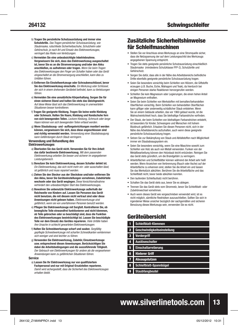 Schwingschleifer, Geräteübersicht | Silverline 1/2 Sheet Sander User Manual | Page 14 / 28