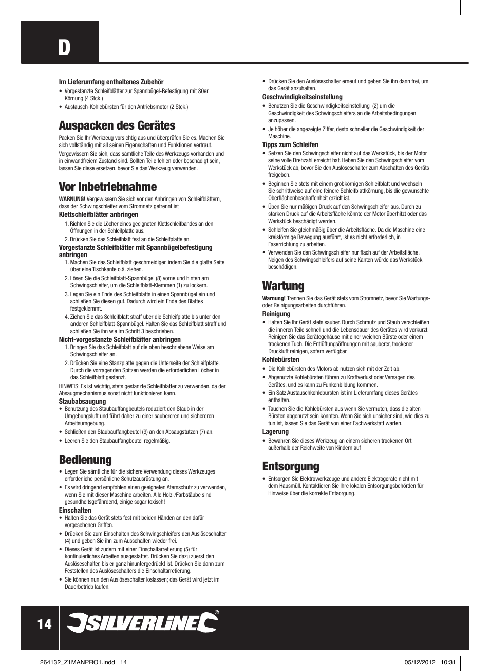 Auspacken des gerätes, Vor inbetriebnahme, Bedienung | Wartung, Entsorgung | Silverline 1/2 Sheet Sander User Manual | Page 15 / 28