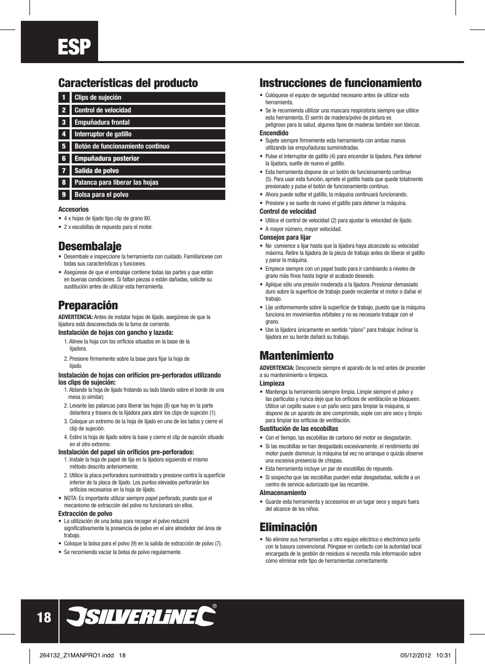 Características del producto, Desembalaje, Preparación | Instrucciones de funcionamiento, Mantenimiento, Eliminación | Silverline 1/2 Sheet Sander User Manual | Page 19 / 28