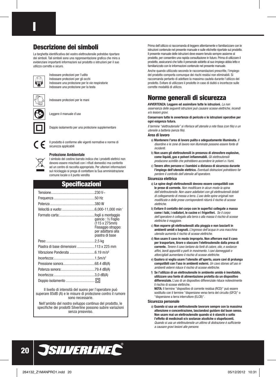 Norme generali di sicurezza, Specificazioni, Descrizione dei simboli | Silverline 1/2 Sheet Sander User Manual | Page 21 / 28