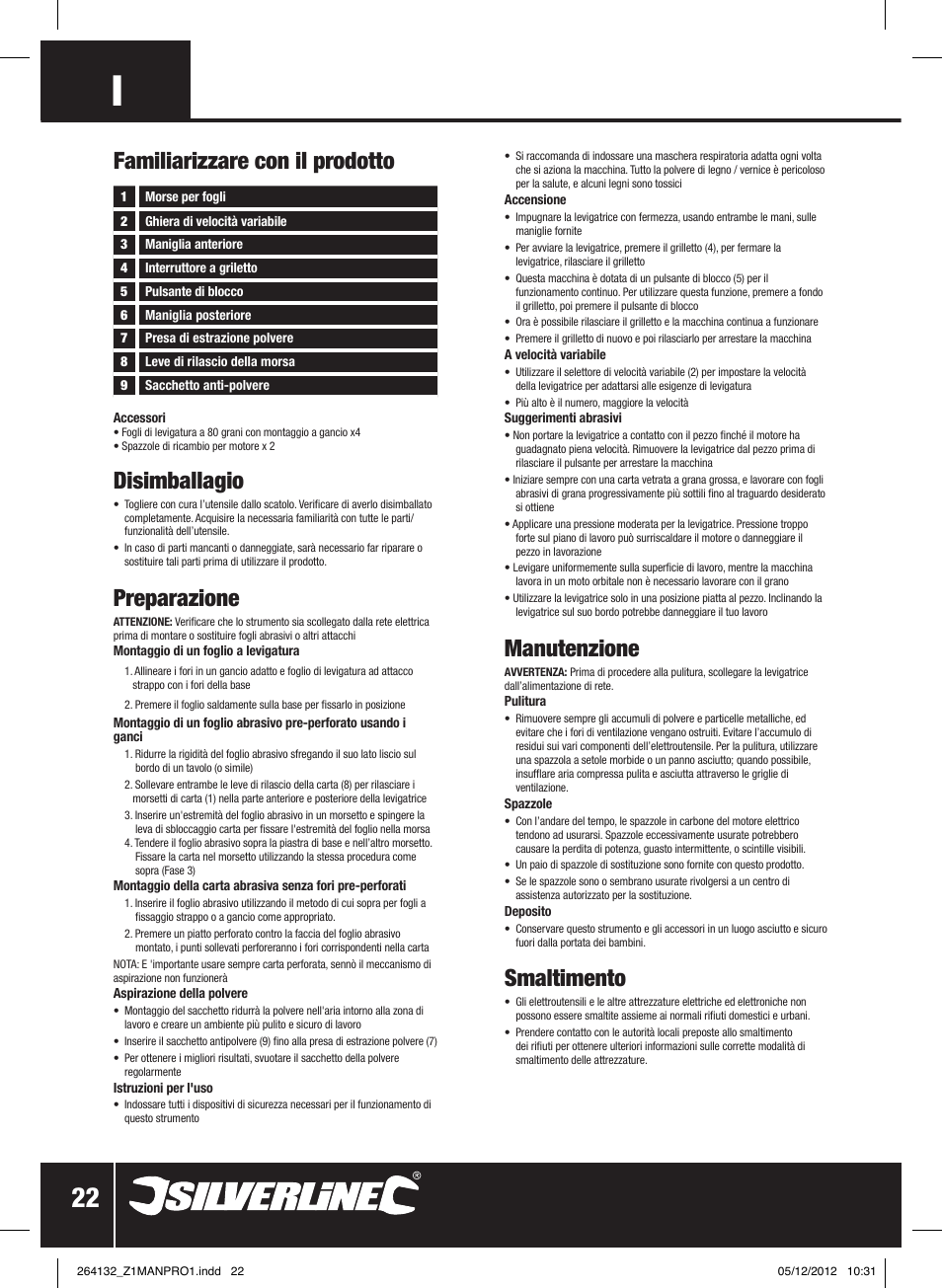 Disimballagio, Preparazione, Familiarizzare con il prodotto | Manutenzione, Smaltimento | Silverline 1/2 Sheet Sander User Manual | Page 23 / 28