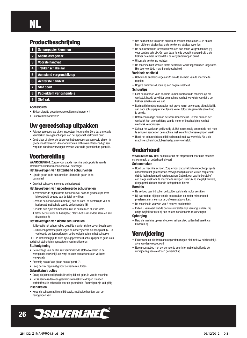Productbeschrijving, Uw gereedschap uitpakken, Voorbereiding | Onderhoud, Verwijdering | Silverline 1/2 Sheet Sander User Manual | Page 27 / 28