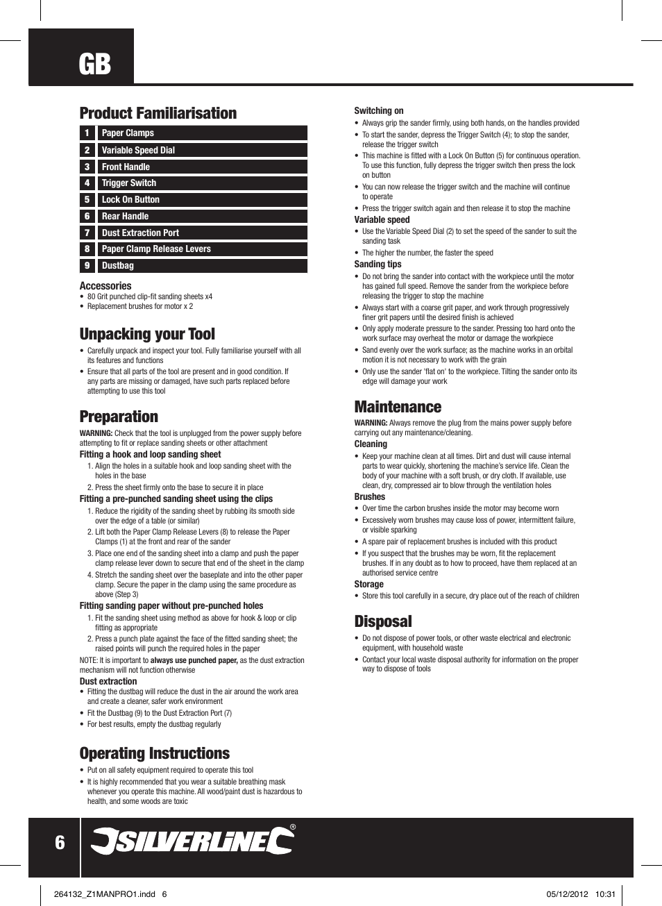 Unpacking your tool, Preparation, Operating instructions | Maintenance, Disposal, Product familiarisation | Silverline 1/2 Sheet Sander User Manual | Page 7 / 28