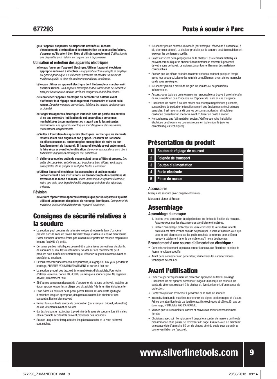 Consignes de sécurité relatives à la soudure, Présentation du produit, Assemblage | Avant l’utilisation | Silverline 100A Arc Welder User Manual | Page 10 / 28