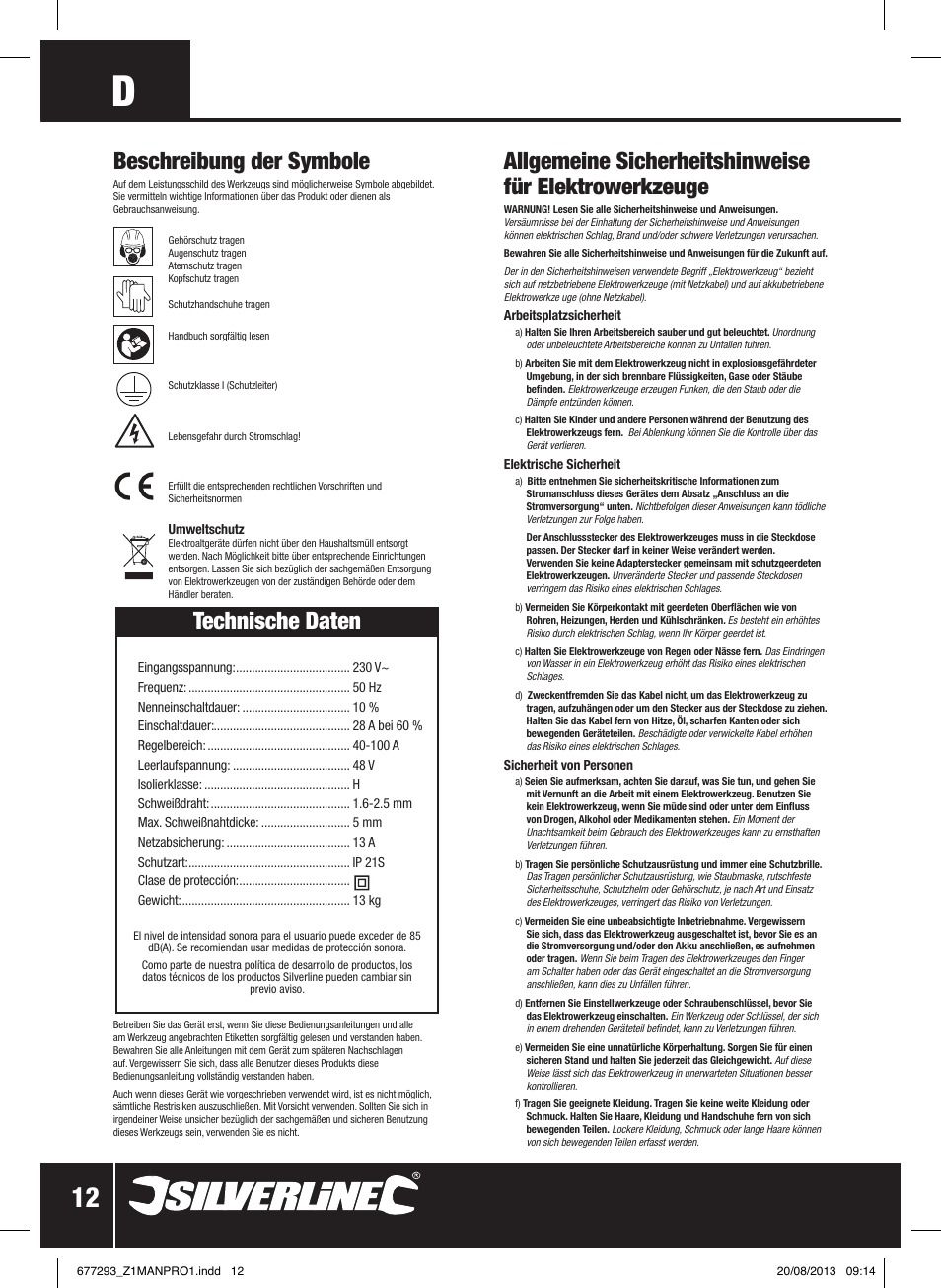 Beschreibung der symbole, Technische daten | Silverline 100A Arc Welder User Manual | Page 13 / 28