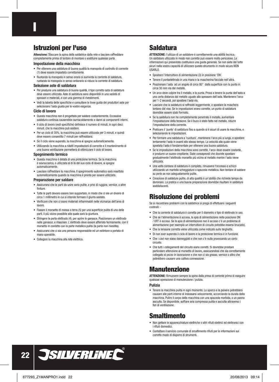 Istruzioni per l'uso, Saldatura, Risoluzione dei problemi | Manutenzione, Smaltimento | Silverline 100A Arc Welder User Manual | Page 23 / 28