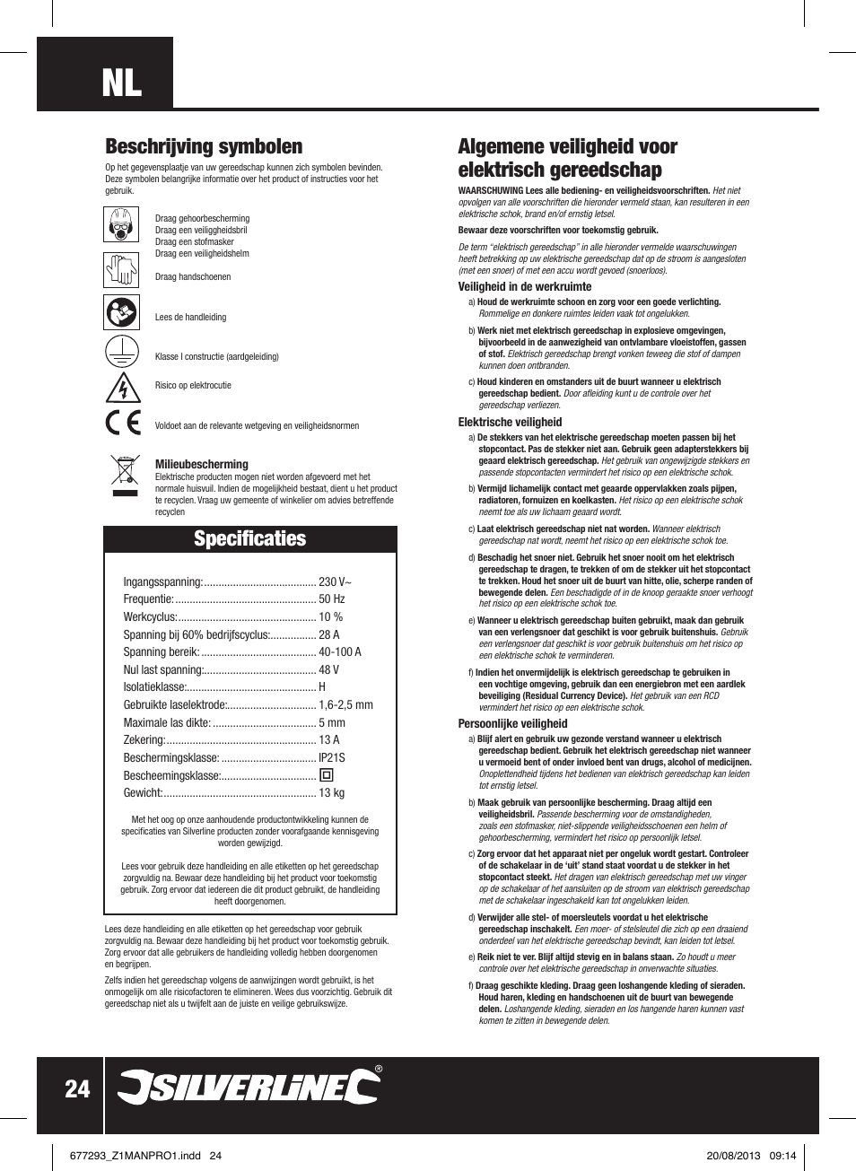 Algemene veiligheid voor elektrisch gereedschap, Beschrijving symbolen, Specificaties | Silverline 100A Arc Welder User Manual | Page 25 / 28