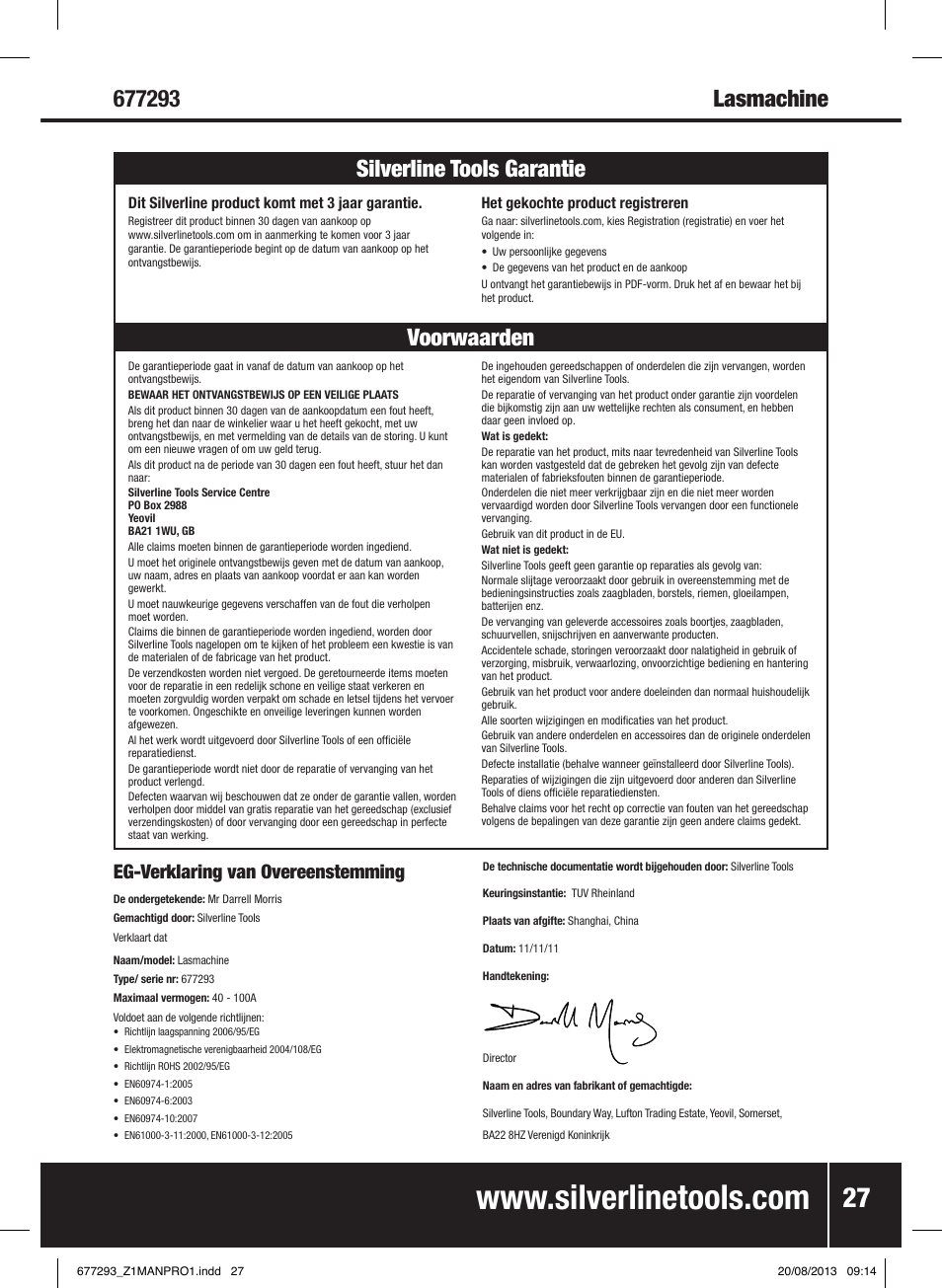 Silverline tools garantie, Voorwaarden silverline tools garantie, Eg-verklaring van overeenstemming | Silverline 100A Arc Welder User Manual | Page 28 / 28