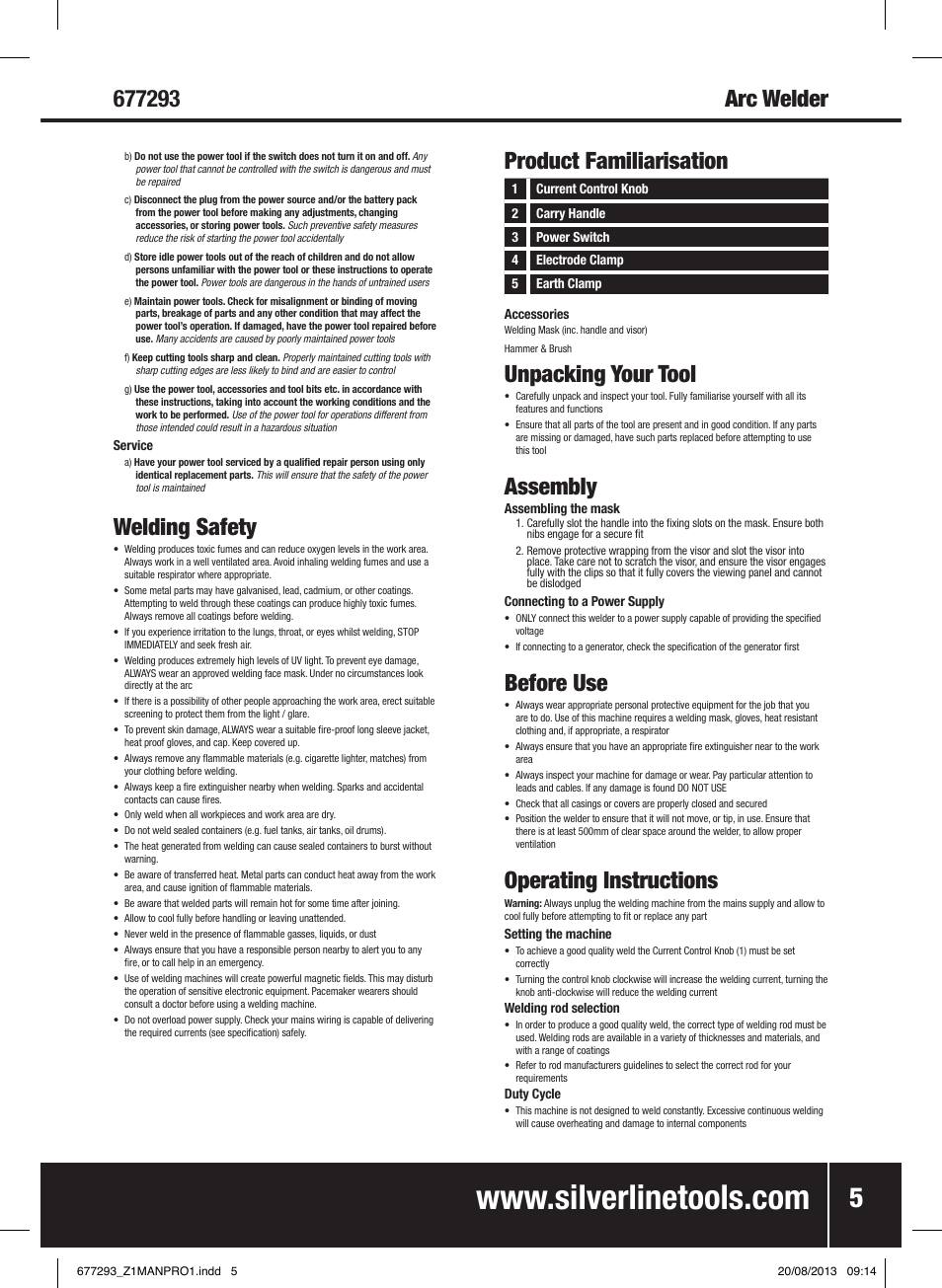 Welding safety, Product familiarisation, Unpacking your tool | Assembly, Before use, Operating instructions | Silverline 100A Arc Welder User Manual | Page 6 / 28