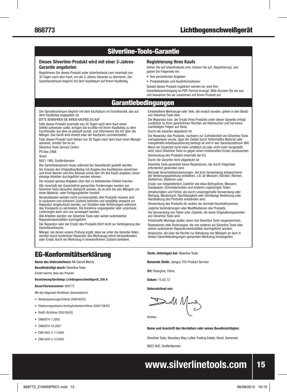 Silverline tools garantie eg-konformitätserklärung, Garantiebedingungen silverline-tools-garantie | Silverline 250A Arc Welder User Manual | Page 16 / 28