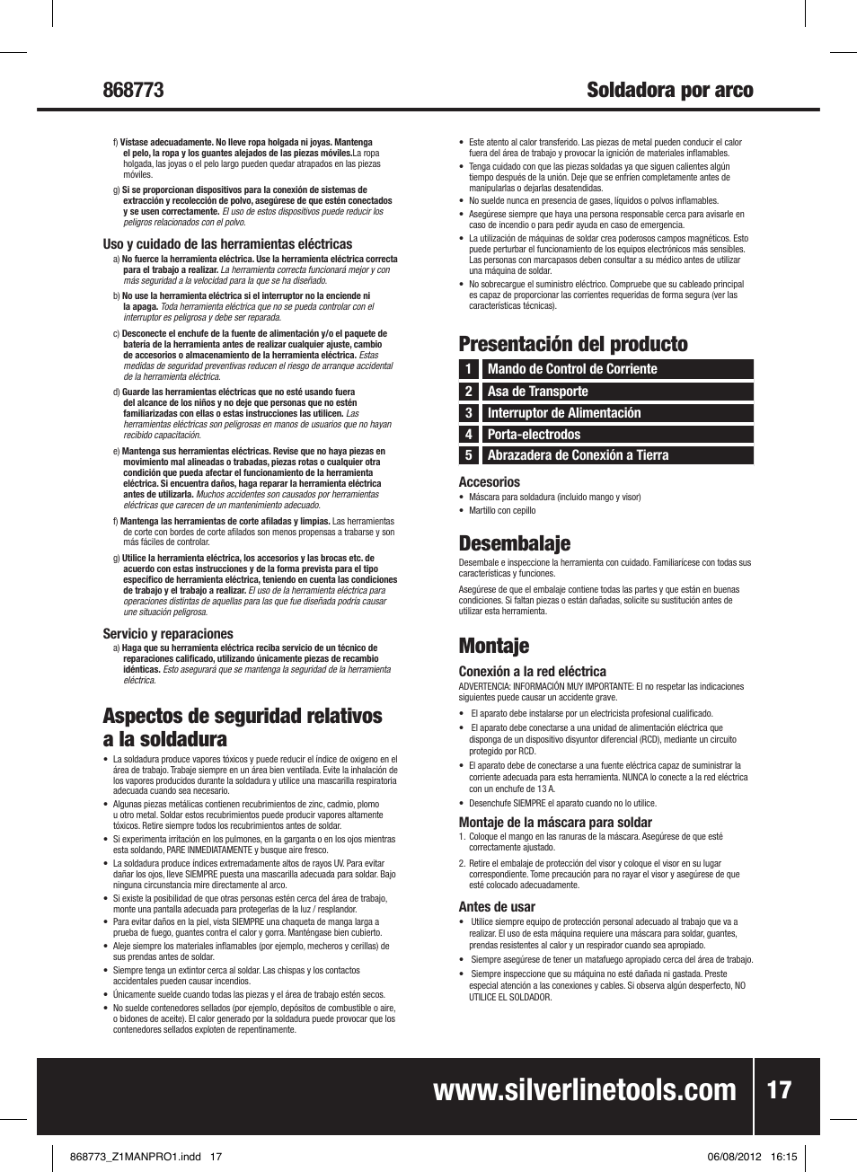 Aspectos de seguridad relativos a la soldadura, Presentación del producto, Desembalaje | Montaje | Silverline 250A Arc Welder User Manual | Page 18 / 28