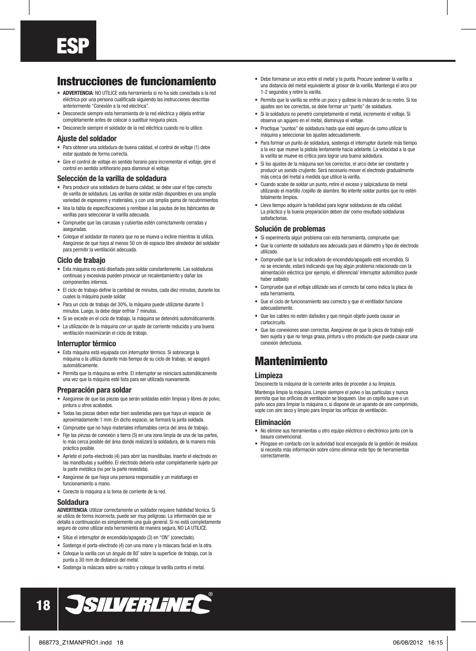 Mantenimiento, Instrucciones de funcionamiento | Silverline 250A Arc Welder User Manual | Page 19 / 28