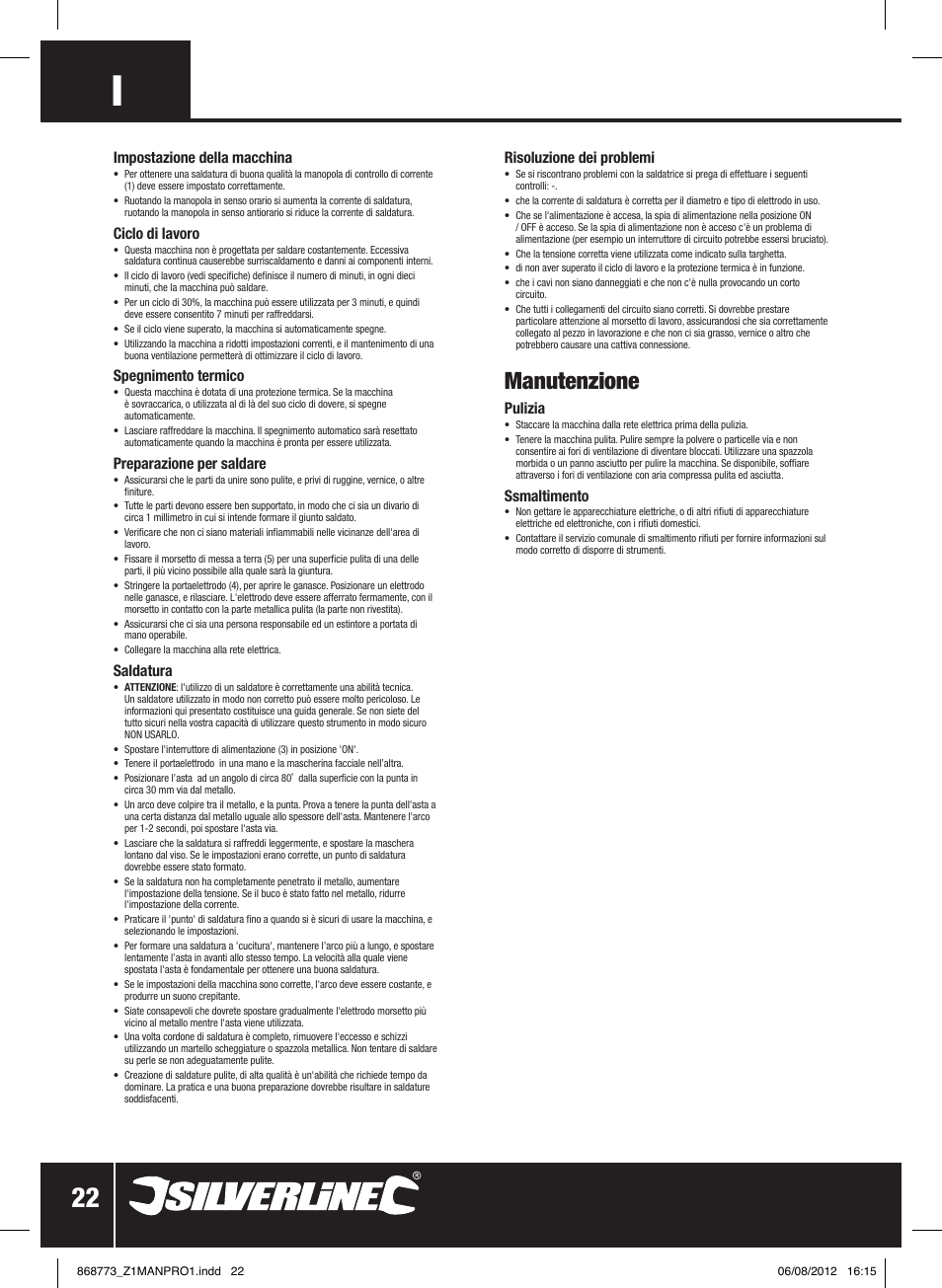 Manutenzione | Silverline 250A Arc Welder User Manual | Page 23 / 28