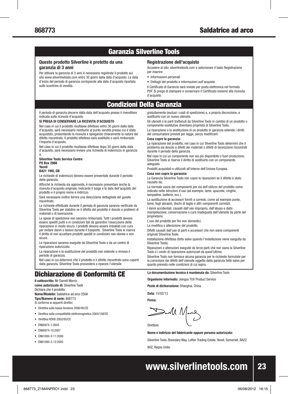 Dichiarazione di conformità ce | Silverline 250A Arc Welder User Manual | Page 24 / 28