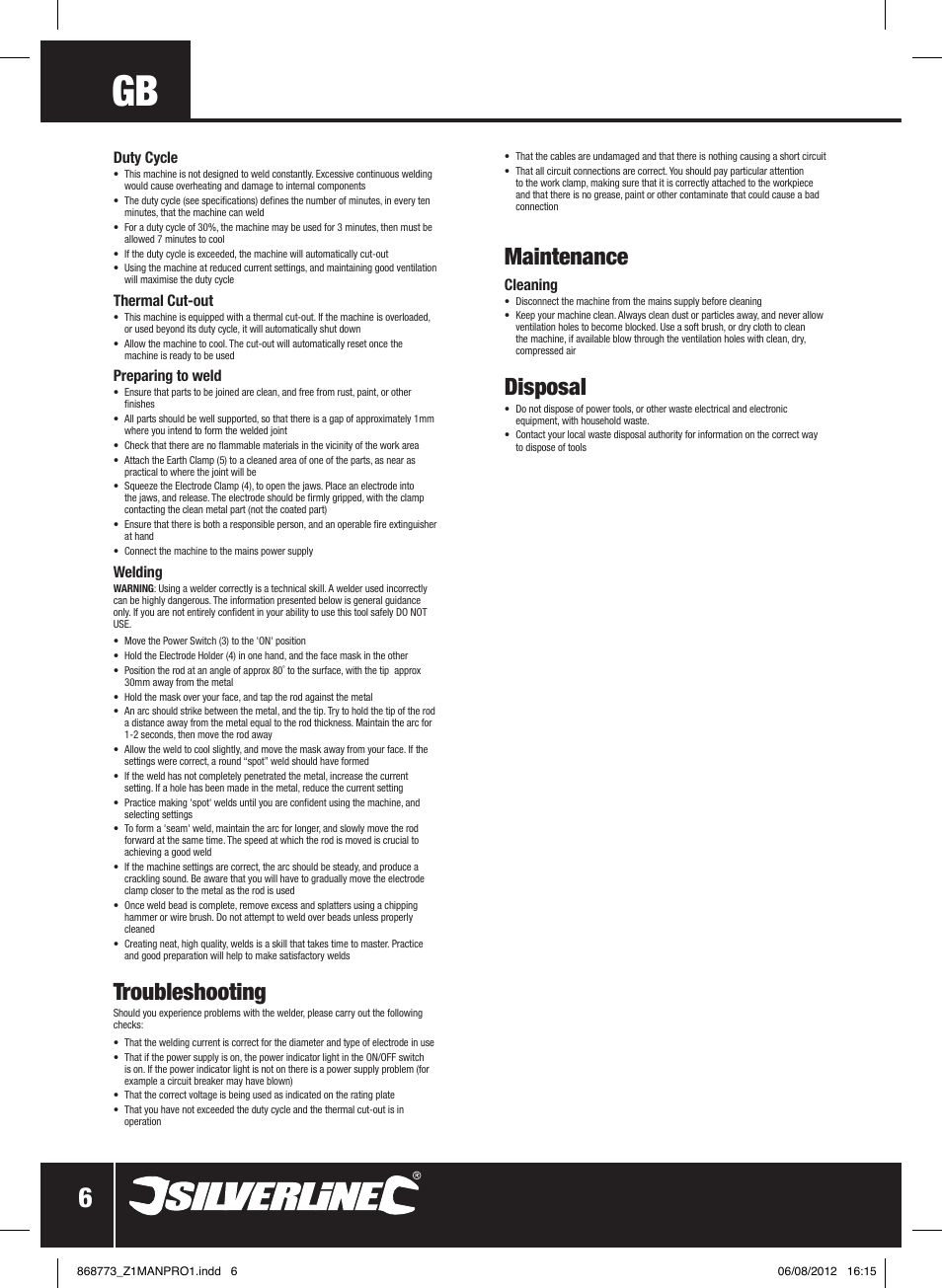 Maintenance, Disposal, Troubleshooting | Silverline 250A Arc Welder User Manual | Page 7 / 28