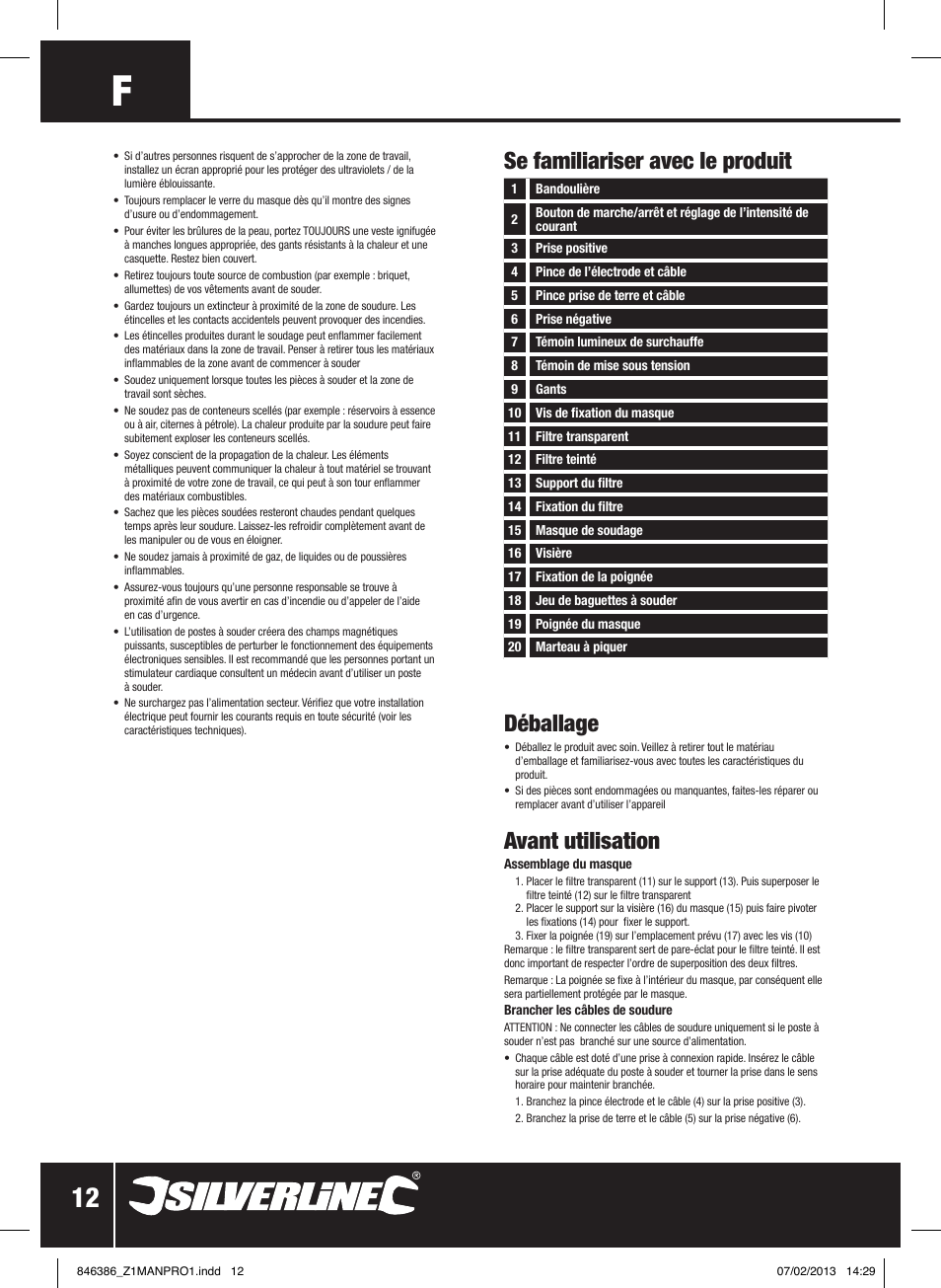 Déballage, Avant utilisation, Se familiariser avec le produit | Silverline 100A Inverter Arc Welder User Manual | Page 13 / 40