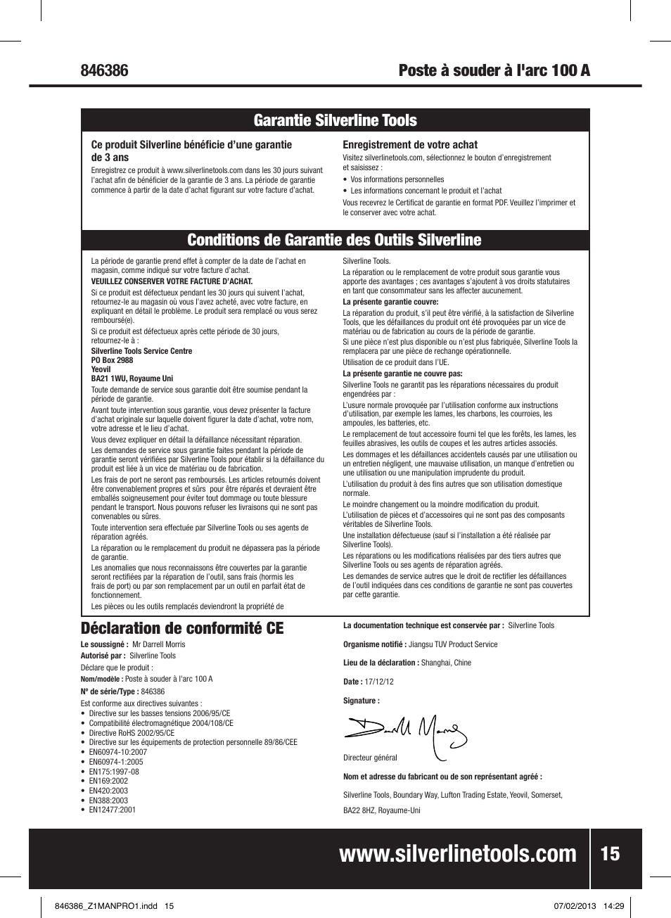 Déclaration de conformité ce | Silverline 100A Inverter Arc Welder User Manual | Page 16 / 40