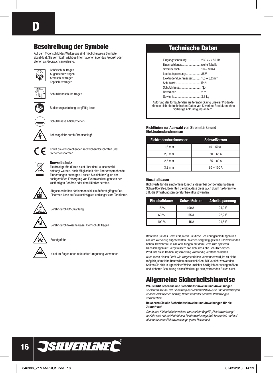 Technische daten, Allgemeine sicherheitshinweise, Beschreibung der symbole | Silverline 100A Inverter Arc Welder User Manual | Page 17 / 40