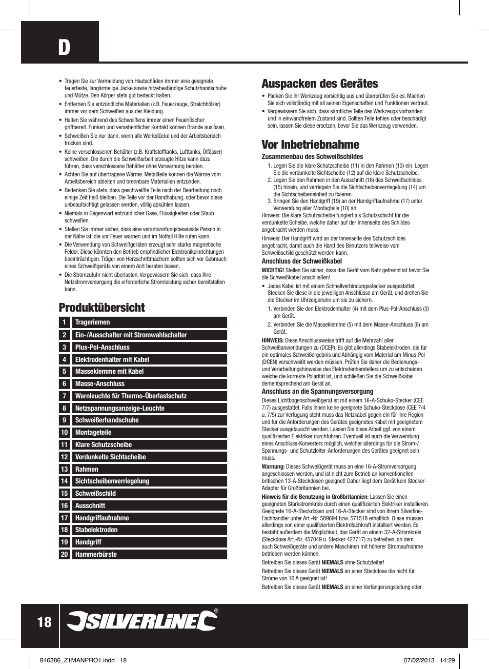 Auspacken des gerätes, Vor inbetriebnahme, Produktübersicht | Silverline 100A Inverter Arc Welder User Manual | Page 19 / 40