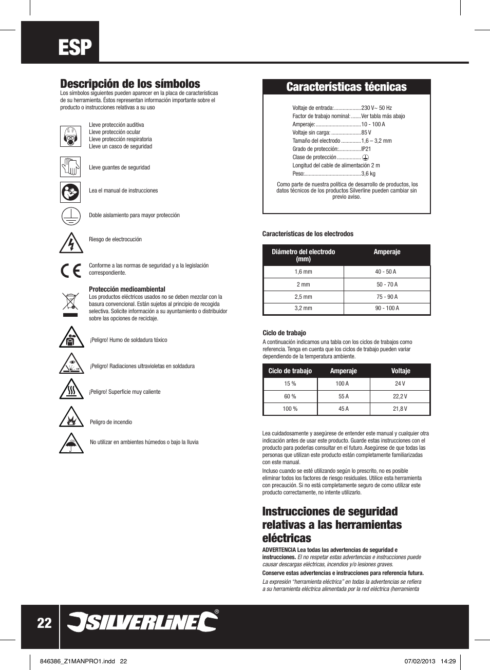 Características técnicas, Descripción de los símbolos | Silverline 100A Inverter Arc Welder User Manual | Page 23 / 40