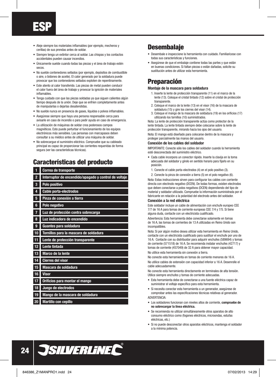 Desembalaje, Preparación, Características del producto | Silverline 100A Inverter Arc Welder User Manual | Page 25 / 40