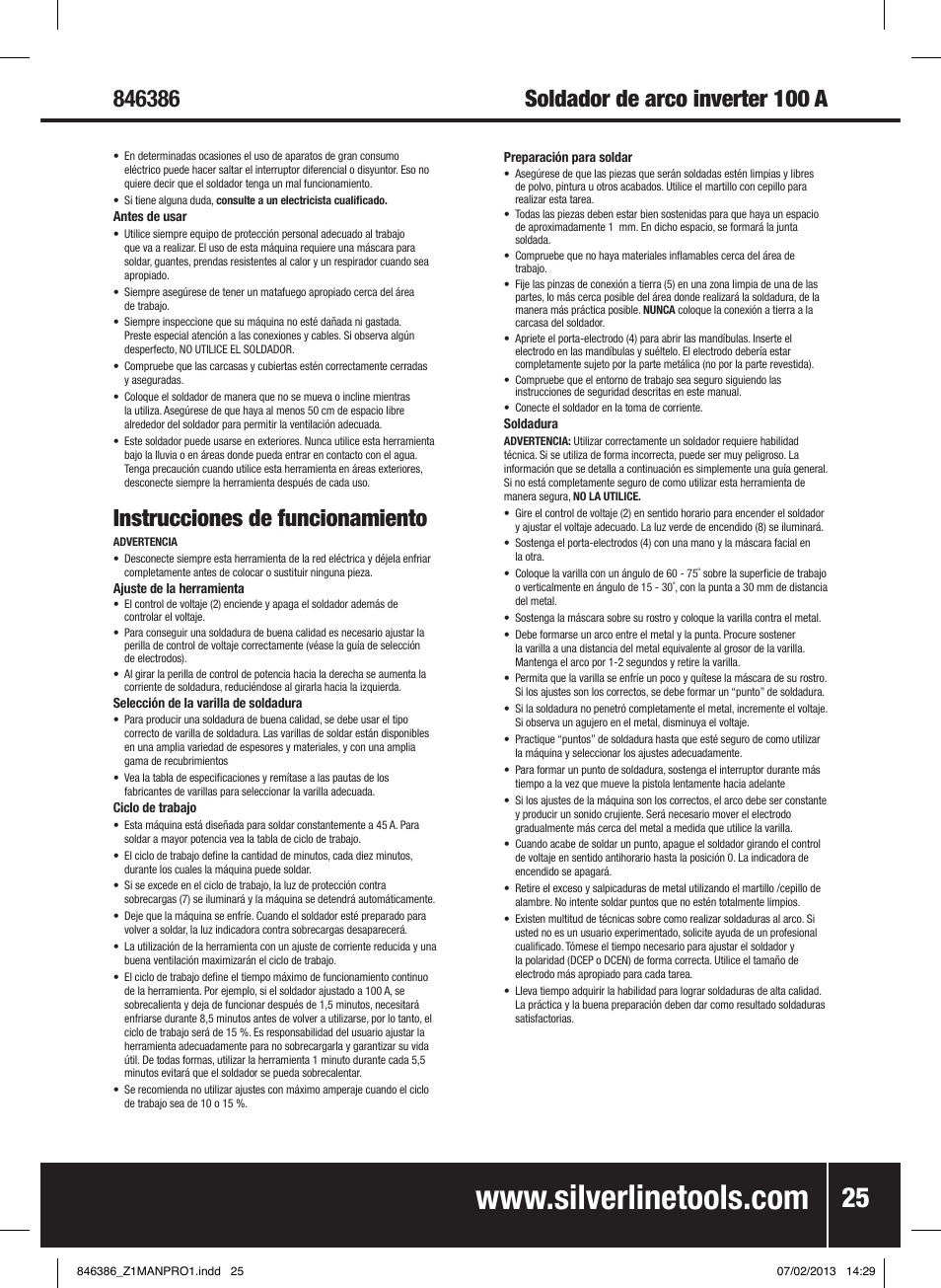 Instrucciones de funcionamiento | Silverline 100A Inverter Arc Welder User Manual | Page 26 / 40