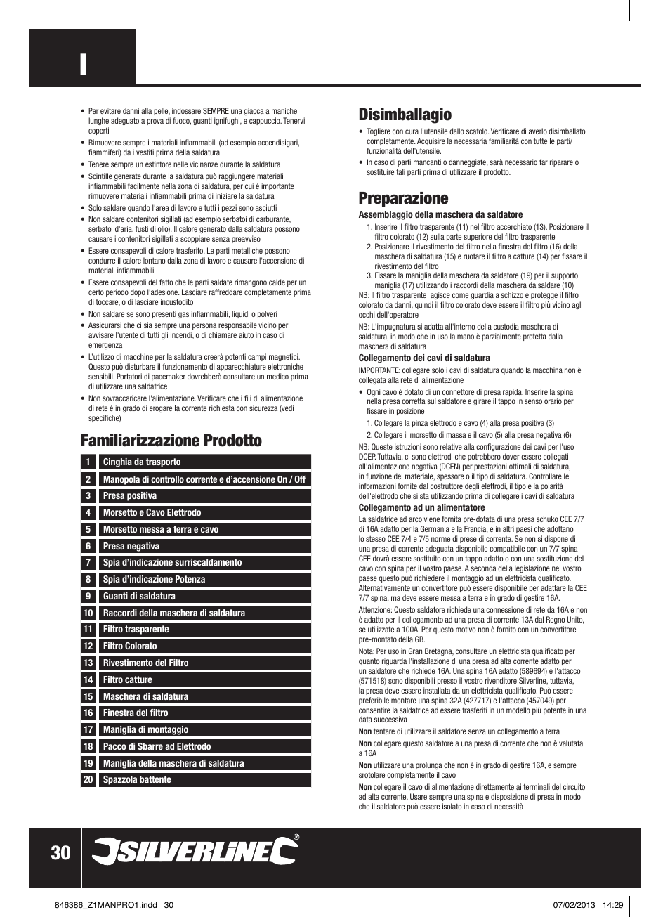 Disimballagio, Preparazione, Familiarizzazione prodotto | Silverline 100A Inverter Arc Welder User Manual | Page 31 / 40