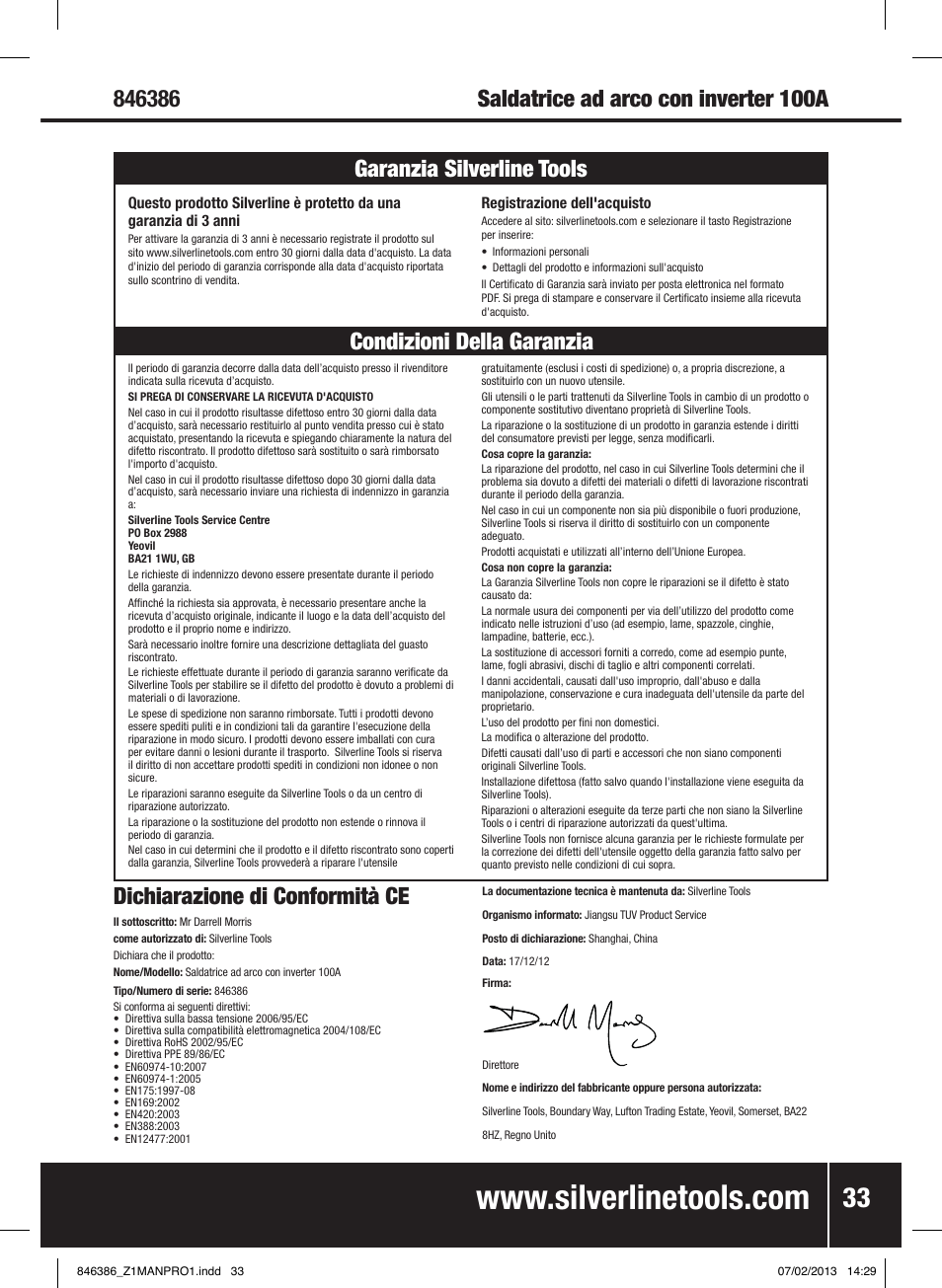 Dichiarazione di conformità ce | Silverline 100A Inverter Arc Welder User Manual | Page 34 / 40