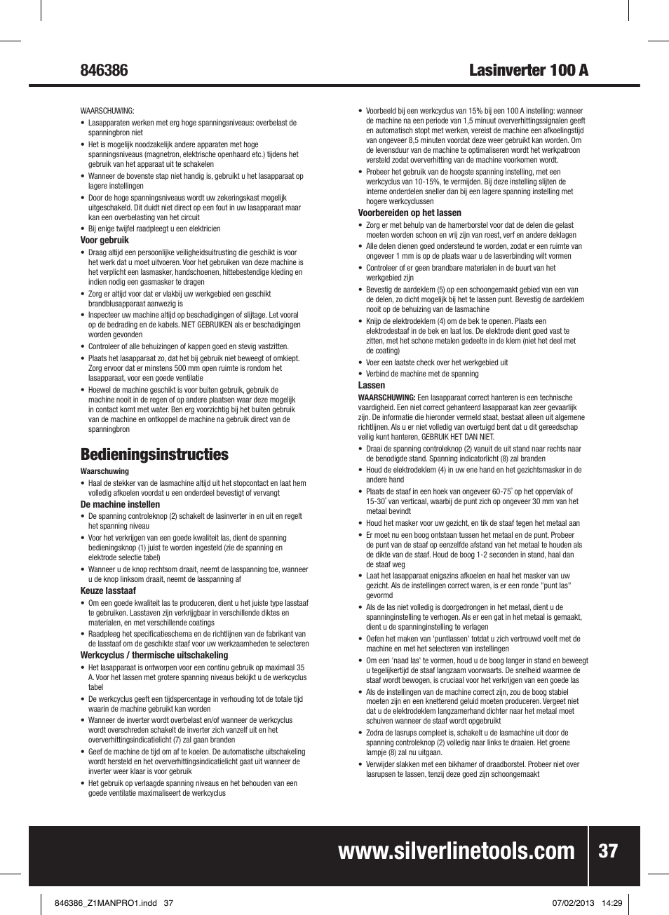 Bedieningsinstructies | Silverline 100A Inverter Arc Welder User Manual | Page 38 / 40