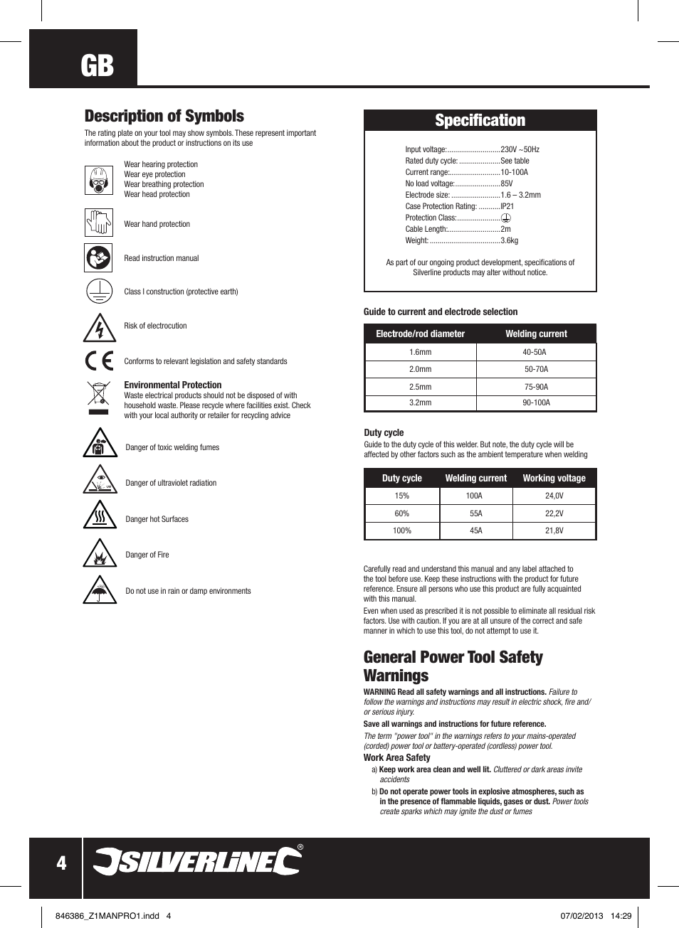 General power tool safety warnings, Specification, Description of symbols | Silverline 100A Inverter Arc Welder User Manual | Page 5 / 40