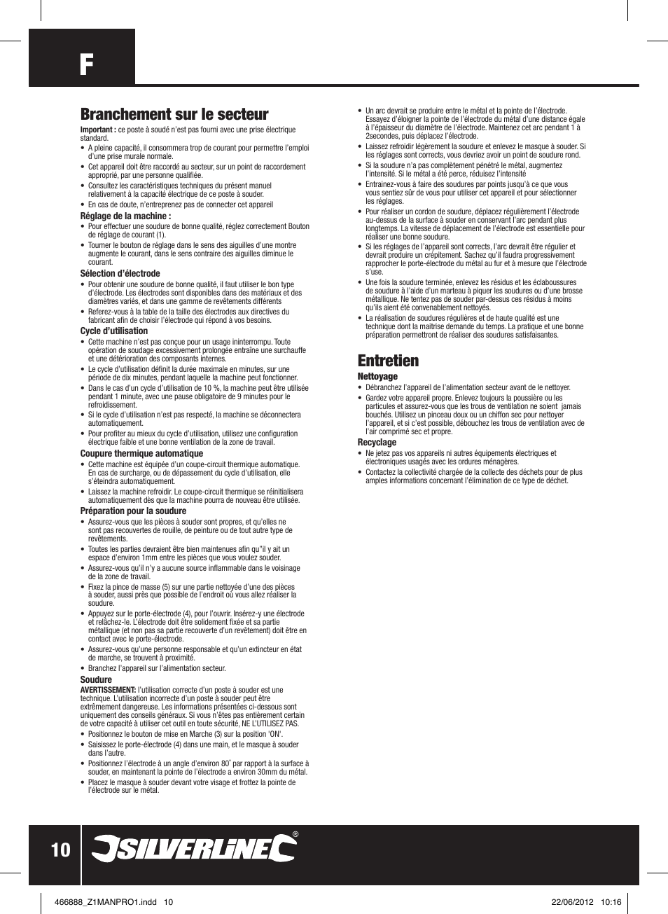 Branchement sur le secteur, Entretien | Silverline 160A Arc Welder User Manual | Page 11 / 28