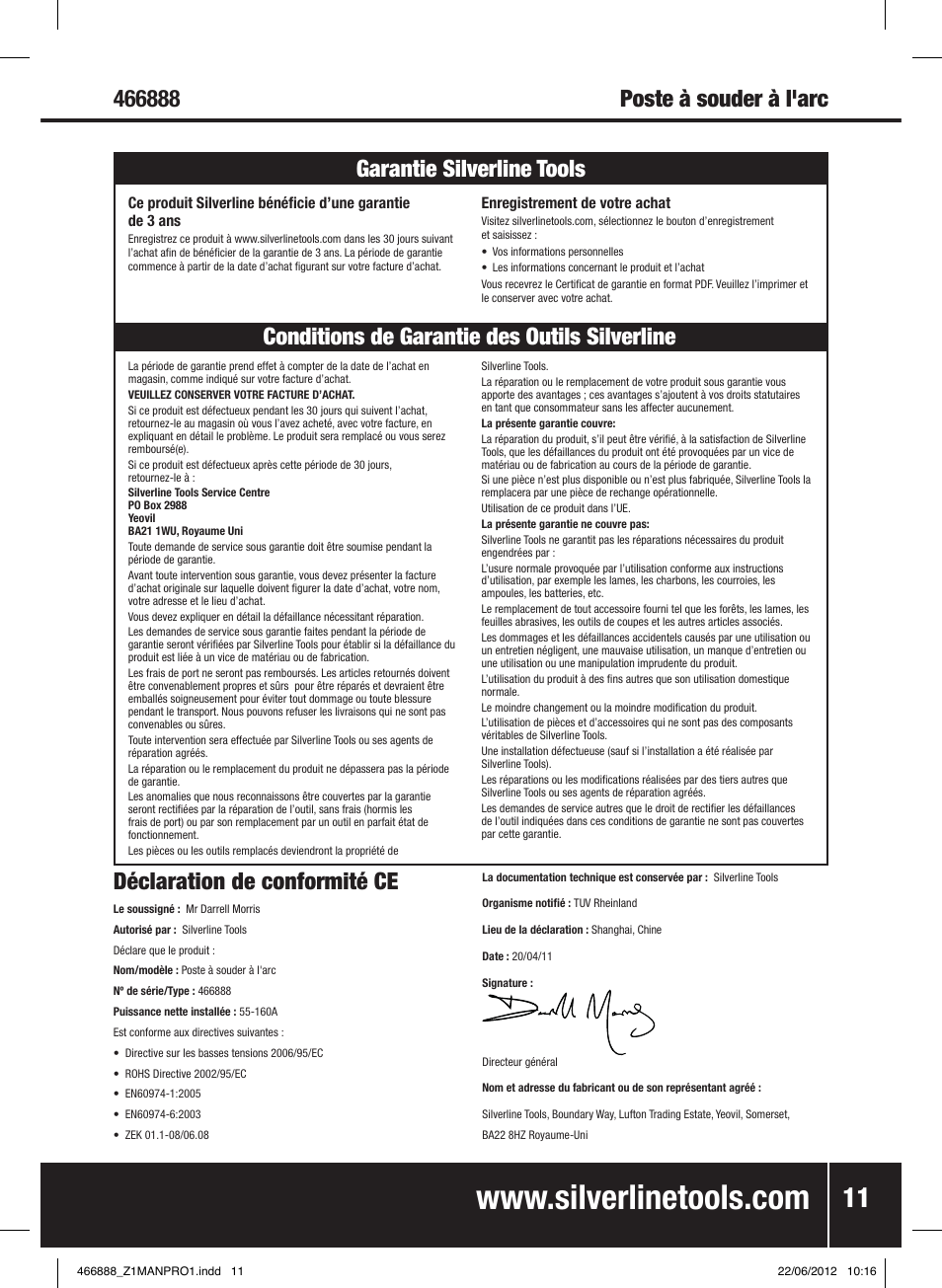 Déclaration de conformité ce | Silverline 160A Arc Welder User Manual | Page 12 / 28