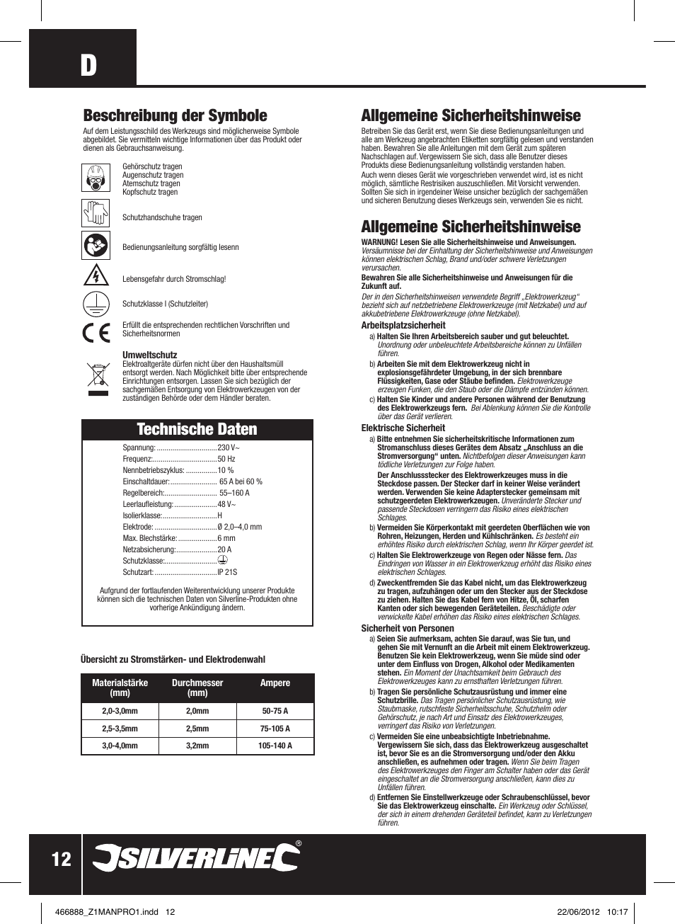 Allgemeine sicherheitshinweise, Technische daten, Beschreibung der symbole | Silverline 160A Arc Welder User Manual | Page 13 / 28