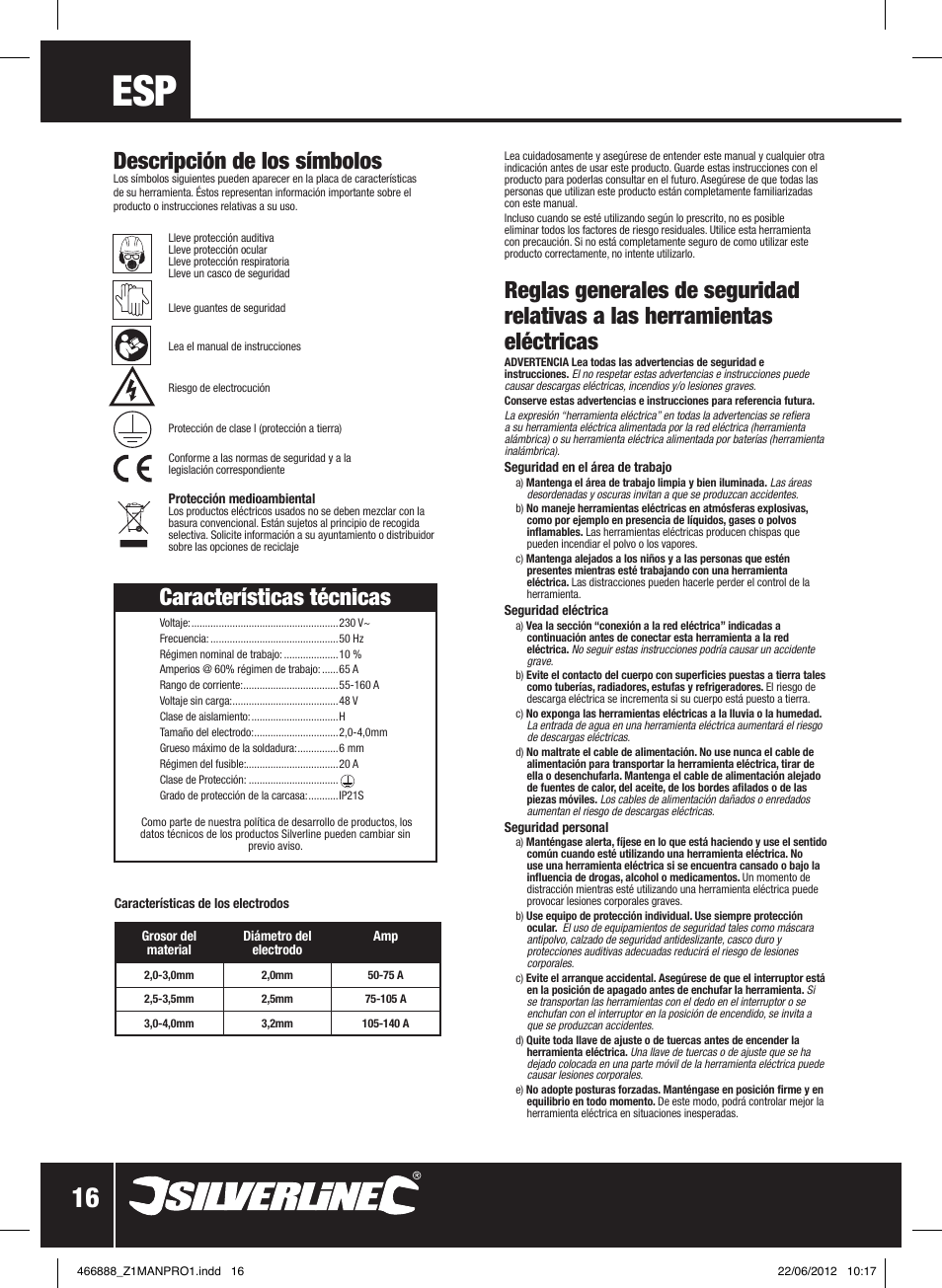 Características técnicas, Descripción de los símbolos | Silverline 160A Arc Welder User Manual | Page 17 / 28