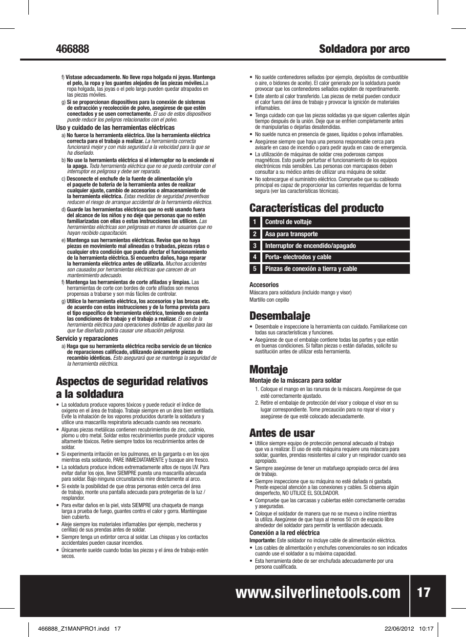 Aspectos de seguridad relativos a la soldadura, Características del producto, Desembalaje | Montaje, Antes de usar | Silverline 160A Arc Welder User Manual | Page 18 / 28