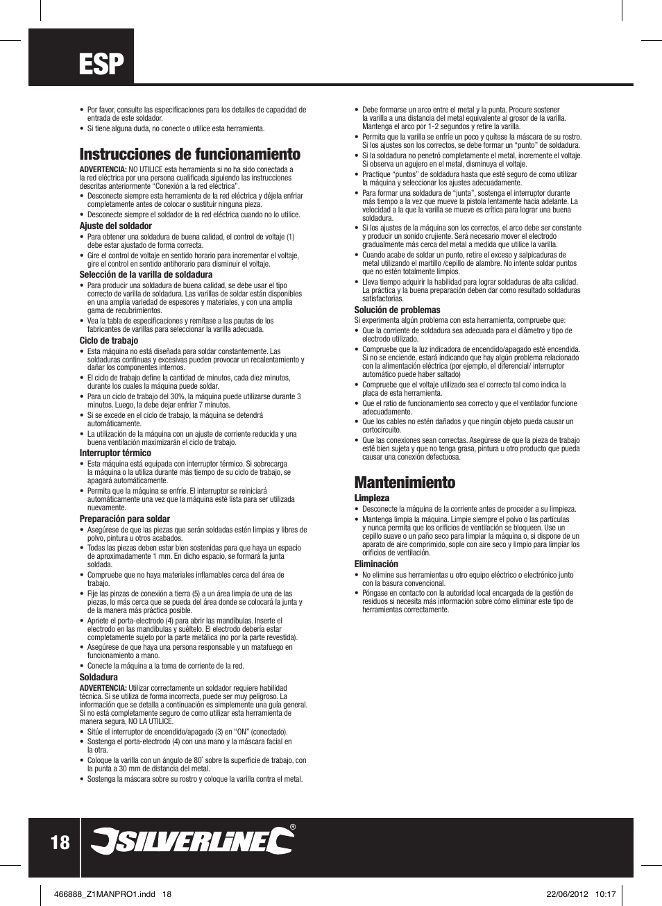 Instrucciones de funcionamiento, Mantenimiento | Silverline 160A Arc Welder User Manual | Page 19 / 28