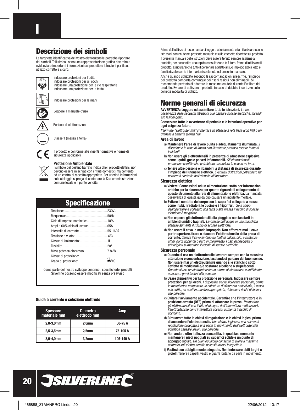 Specificazione, Descrizione dei simboli, Norme generali di sicurezza | Silverline 160A Arc Welder User Manual | Page 21 / 28