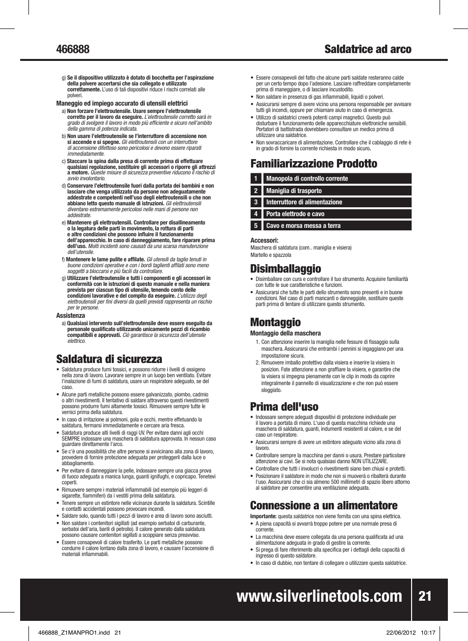 Saldatura di sicurezza, Familiarizzazione prodotto, Disimballaggio | Montaggio, Prima dell'uso, Connessione a un alimentatore | Silverline 160A Arc Welder User Manual | Page 22 / 28