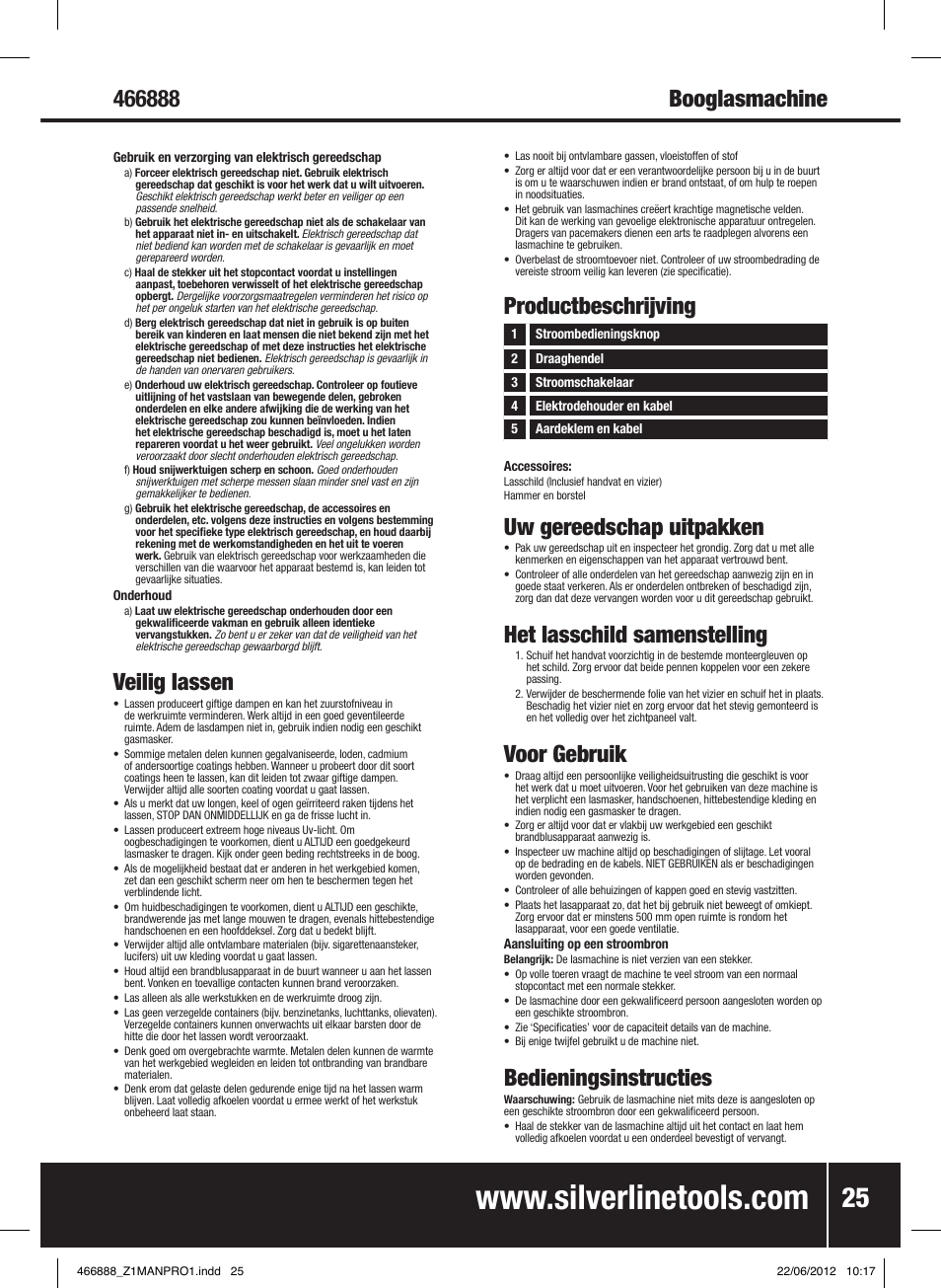 Veilig lassen, Productbeschrijving, Uw gereedschap uitpakken | Het lasschild samenstelling, Voor gebruik, Bedieningsinstructies | Silverline 160A Arc Welder User Manual | Page 26 / 28